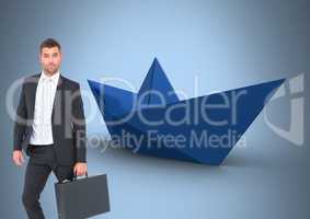 Businessman with briefcase and blue background