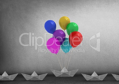 Paper boat floating with balloons in room