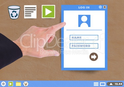 Hand touching User log in window box and Folder and files icons on Paper cut out desktop