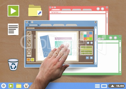 Hand touching Many Website windows and design editor on Paper cut out desktop