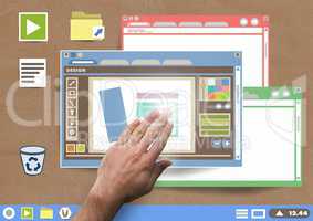Hand touching Many Website windows and design editor on Paper cut out desktop