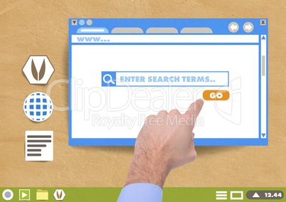 Hand touching Website search box window and Folder and files icons on Paper cut out desktop