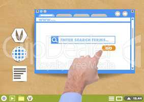 Hand touching Website search box window and Folder and files icons on Paper cut out desktop
