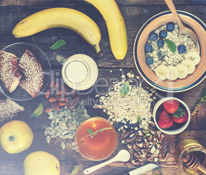 A set of healthy products for breakfast. View from above.