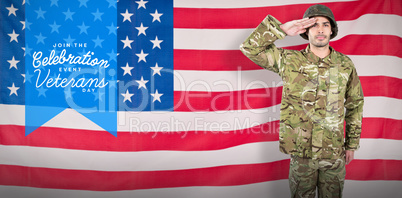 Composite image of portrait of confident soldier giving salute