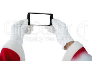Hands of Santa Claus holding mobile phone