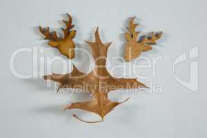Close up of autumn leaf with wooden reindeer head