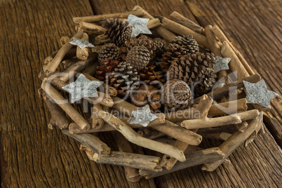 Christmas decorations on wooden table