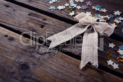 Christmas decorations on wooden plank