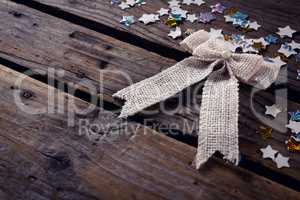 Christmas decorations on wooden plank
