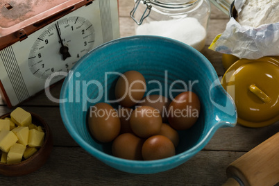 Various ingredients on a wooden table