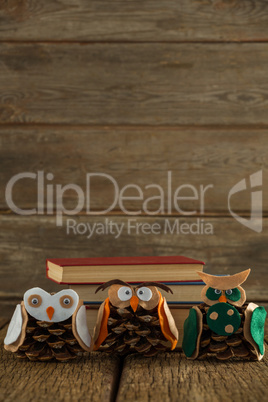 Owl decorated with pine cone and book stack on wooden table