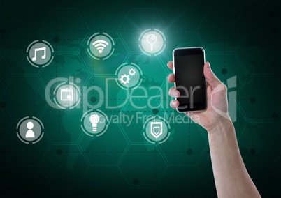 Hand holding phone with icons interface of internet of things