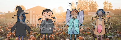 Cartoon children standing in halloween pumpkin field