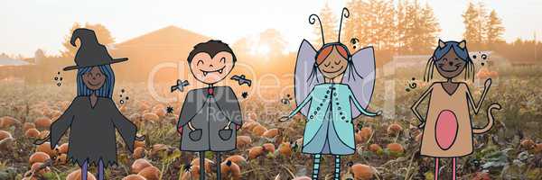 Cartoon children standing in halloween pumpkin field