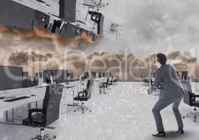 businessman standing in inverted office in clouds