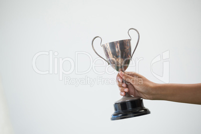 Hand holding a trophy against white background