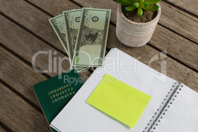 Currency note, pot plant, diary and passport on wooden plank