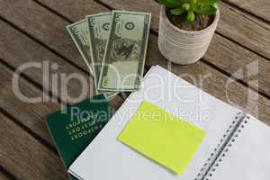 Currency note, pot plant, diary and passport on wooden plank