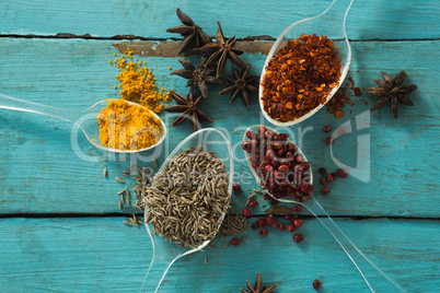 Various spices on wooden table