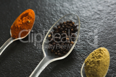 Various type spices on spoon