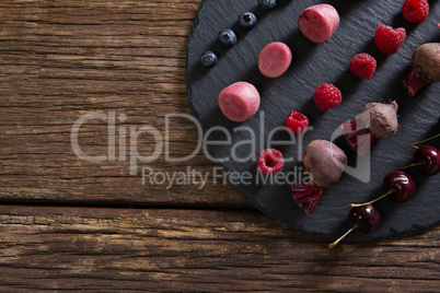 Fruits and vegetables on chopping board