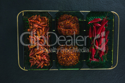 Dried red chili pepper, red chili and crushed red pepper in bowl