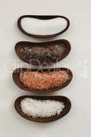 Various types of salts in a bowl