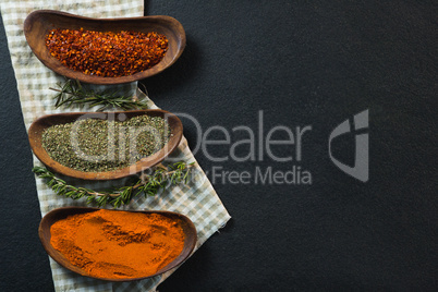 Various spices with herbs in a tray