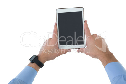 Cropped hands on businessman holding digital computer