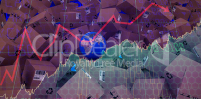 Composite image of globe amidst cardboard boxes