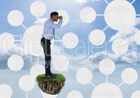 Businessman with binoculars on floating rock platform with interface mind maps in sky