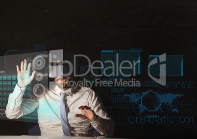 adult man using vr headset interface in dark room