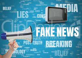 Fake news text with television and megaphone