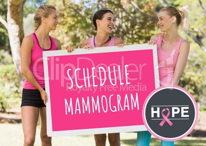 Schedule mammogram and pink breast cancer awareness women holding card