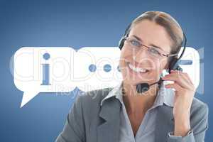 Happy customer care assistant woman against customer care background
