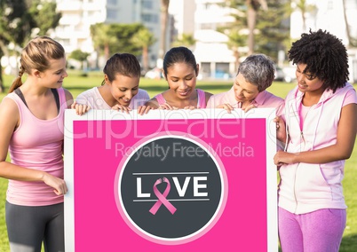 Love icon and pink breast cancer awareness women holding card