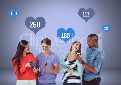 Group of people on tablets and phones with likes in heart icons