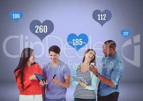 Group of people on tablets and phones with likes in heart icons