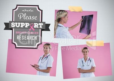 Please support research  text and Breast Cancer Awareness Photo Collage with doctor