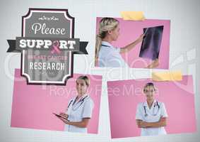 Please support research  text and Breast Cancer Awareness Photo Collage with doctor