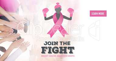 Learn more button with Join the fight text with breast cancer awareness women putting hands together