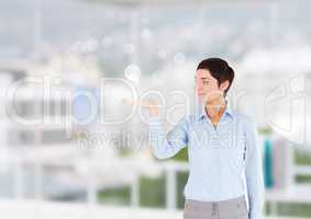 Businesswoman with Open hand with bright office background