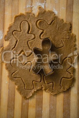 Close up of gingerbread man pastry cutter on dough