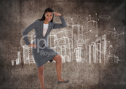 Businesswoman lifting foot and looking forward over city