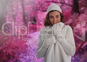 Woman in Autumn with hat and scarf in forest