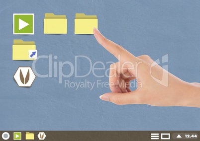 Hand touching Folder and files icons on Paper cut out desktop