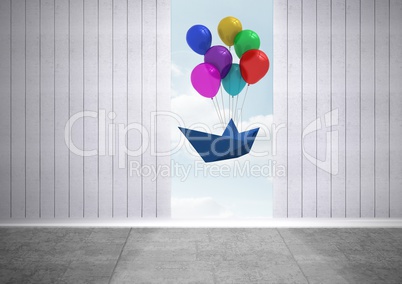 Paper boat with balloons in outside gap of light