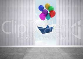 Paper boat with balloons in outside gap of light