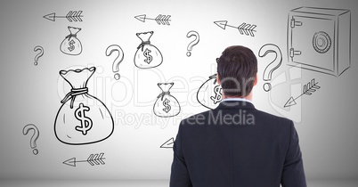 man in front of money on wall